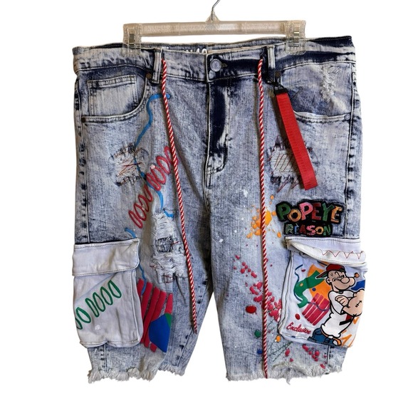 Reason Popeye Denim‎ Jean Shorts Men's Streetwear Hip Hop - Picture 1 of 10